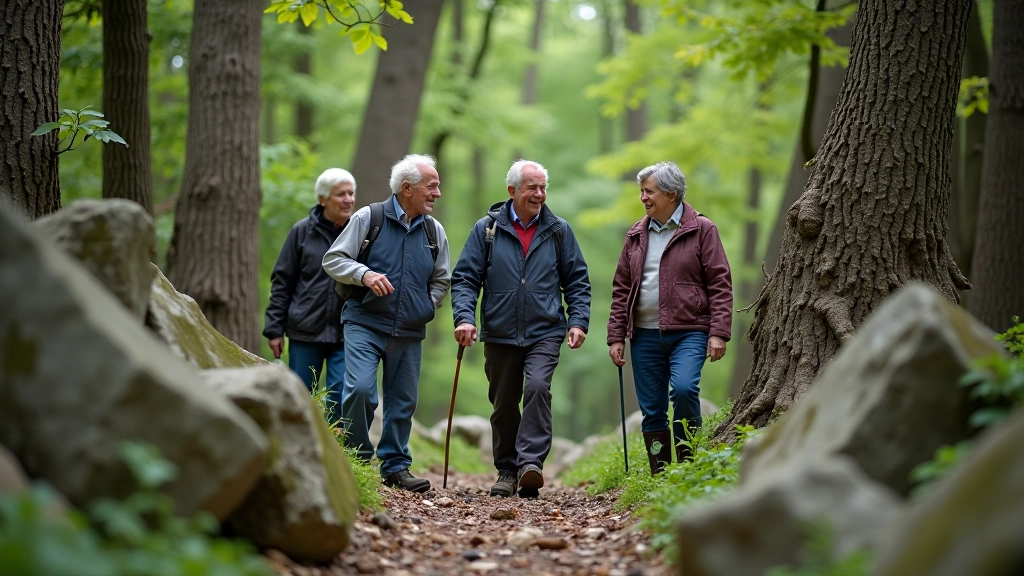 Seniori staigā pa dabas taku un apspriež ģeoloģiskos veidojumus