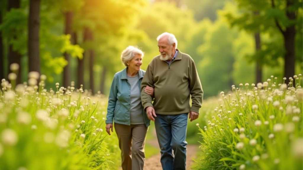 Seniori pastaigājas pa mežainu taku, zied puķes, saulains laiks, prieks uz seju