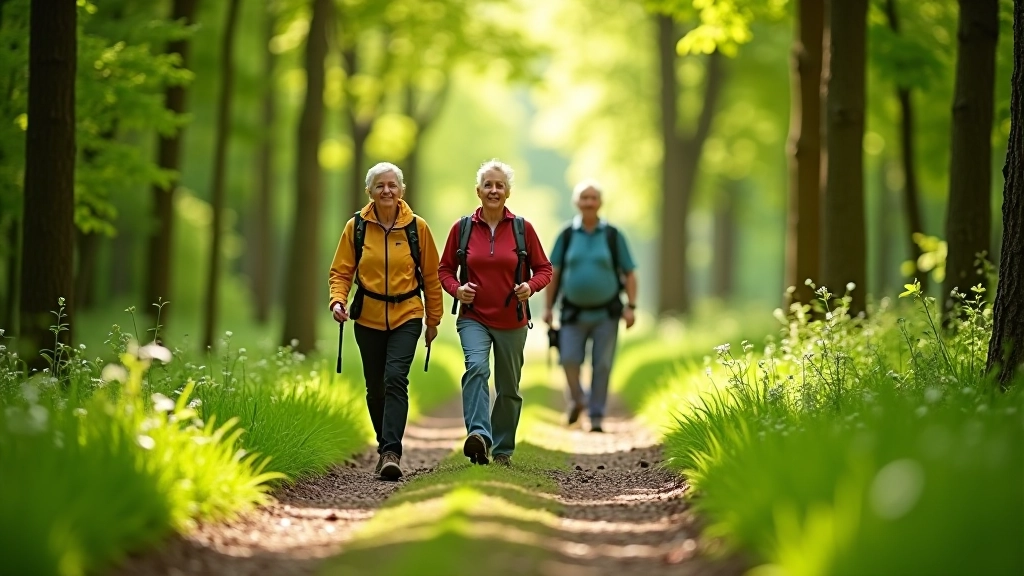 Seniori staigā pa dabu, skaidrs laiks un zaļa ainavā